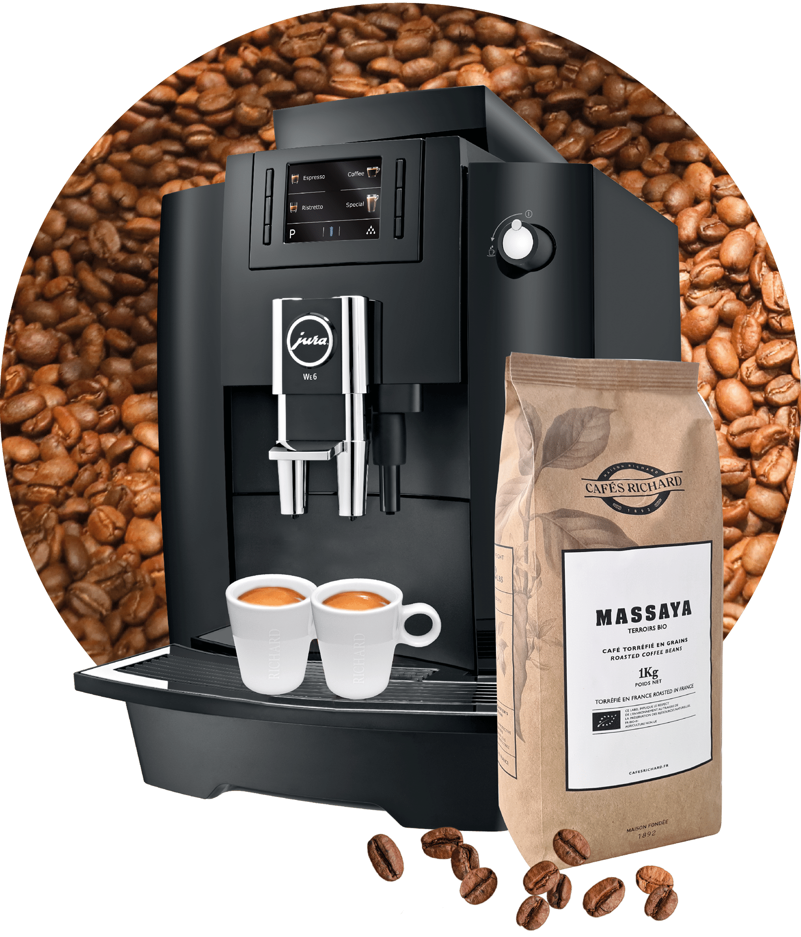 Machine Jura WE6 avec tasses de café MASSAYA. Grain de café en fond